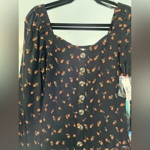 No Boundaries Womens Smocked Button Front Top Floral Black Long Sleeve M 7-9 NEW